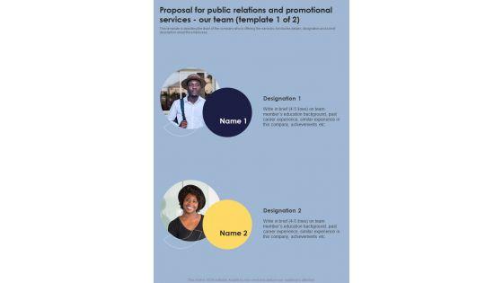 Proposal_For_Public_Relations_And_Promotional_Services_Our_Team_One_Pager_Sample_Example_Document_Slide_1.jpg