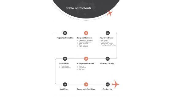 Proposal_For_Touring_Business_Itinerary_Table_Of_Contents_One_Pager_Sample_Example_Document_Slide_1.jpg