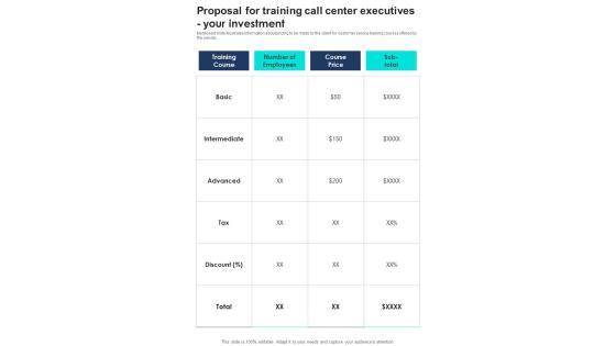 Proposal For Training Call Center Executives Your Investment One Pager Sample Example Document Proposal For Training Call Center Executives Your Investment One Pager Sample Example Document