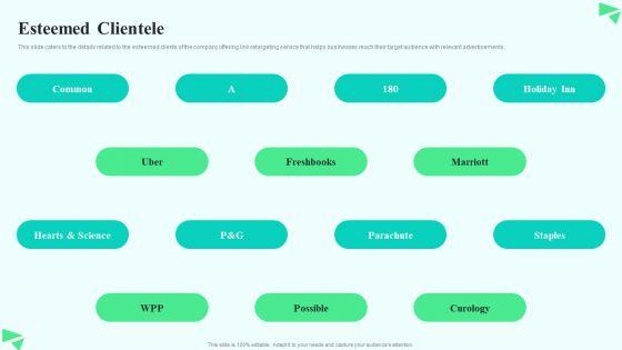 Search Retargeting And Lead Generation Company Elevator Pitch Deck Esteemed Clientele Information PDF Search Retargeting And Lead Generation Company Elevator Pitch Deck Esteemed Clientele Information PDF
