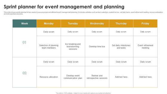 Sprint Planner For Event Management And Planning Ppt Infographic Template Design Templates PDF Sprint Planner For Event Management And Planning Ppt Infographic Template Design Templates PDF