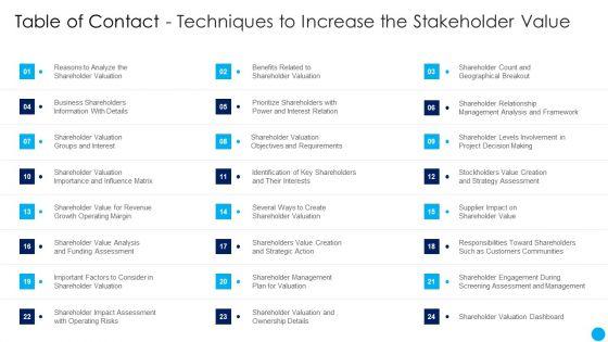 Table_Of_Contact_Techniques_To_Increase_The_Stakeholder_Value_Ppt_Show_Design_Templates_PDF_Slide_1.jpg