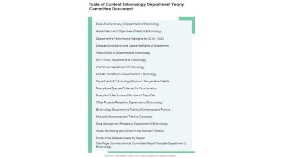 Table Of Content Entomology Department Yearly Committee Document One Pager Documents Table Of Content Entomology Department Yearly Committee Document One Pager Documents
