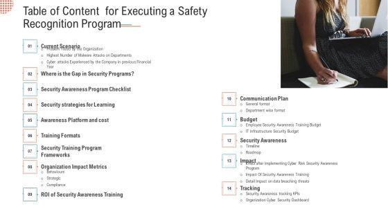 Table Of Content For Executing A Safety Recognition Program Ppt Slides Graphics Example PDF Table Of Content For Executing A Safety Recognition Program Ppt Slides Graphics Example PDF
