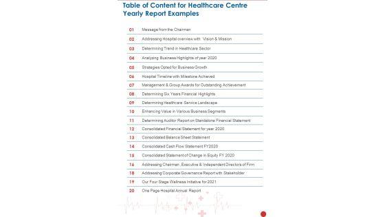 Table Of Content For Healthcare Centre Yearly Report Examples One Pager Documents Table_Of_Content_For_Healthcare_Centre_Yearly_Report_Examples_One_Pager_Documents_Slide_1.jpg