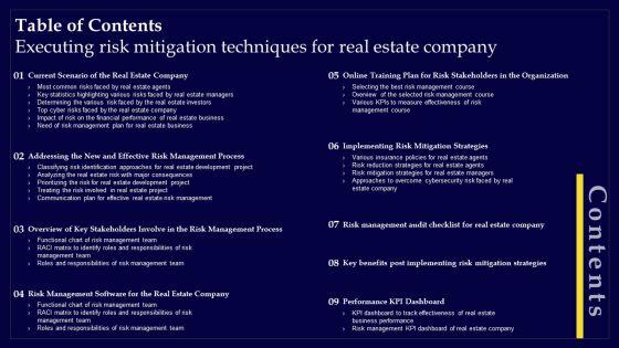 Table_Of_Contents_Executing_Risk_Mitigation_Techniques_For_Real_Estate_Company_Infographics_PDF_Slide_1.jpg