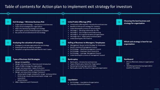 Table_Of_Contents_For_Action_Plan_To_Implement_Exit_Strategy_For_Investors_Brochure_PDF_Slide_1.jpg