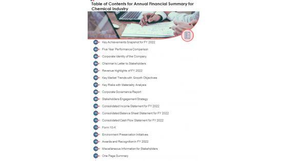 Table_Of_Contents_For_Annual_Financial_Summary_For_Chemical_Industry_One_Pager_Documents_Slide_1.jpg