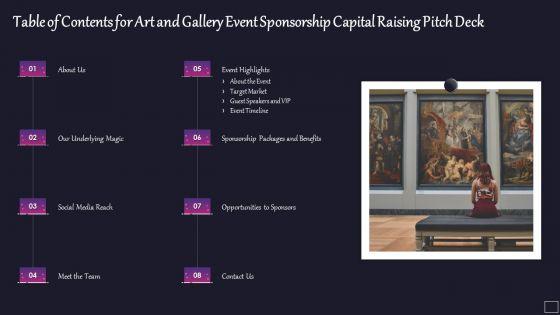 Table Of Contents For Art And Gallery Event Sponsorship Capital Raising Pitch Deck Graphics PDF Table Of Contents For Art And Gallery Event Sponsorship Capital Raising Pitch Deck Graphics PDF
