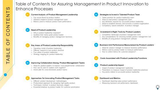 Table_Of_Contents_For_Assuring_Management_In_Product_Innovation_To_Enhance_Processes_Information_PDF_Slide_1.jpg