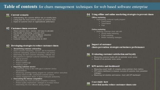 Table_Of_Contents_For_Churn_Management_Techniques_For_Web_Based_Software_Enterprise_Ppt_PowerPoint_Presentation_File_Ideas_PDF_Slide_1.jpg