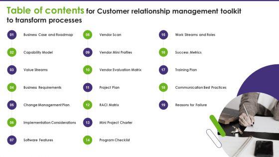 Table_Of_Contents_For_Customer_Relationship_Management_Toolkit_To_Transform_Processes_Slides_PDF_Slide_1.jpg