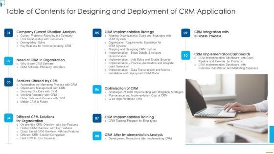 Table_Of_Contents_For_Designing_And_Deployment_Of_CRM_Application_Ppt_PowerPoint_Presentation_File_Layouts_PDF_Slide_1.jpg