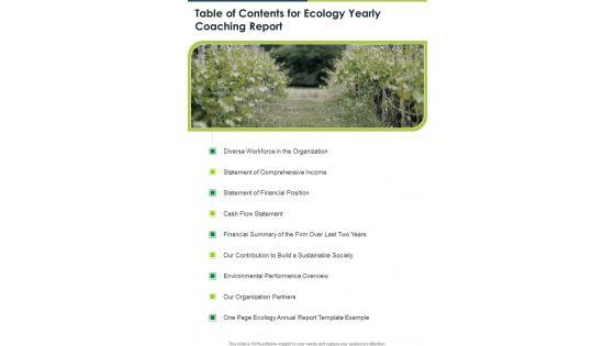 Table Of Contents For Ecology Yearly Coaching Report One Pager Documents Table Of Contents For Ecology Yearly Coaching Report One Pager Documents