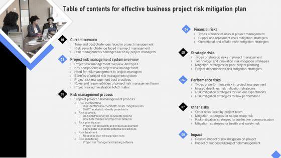 Table_Of_Contents_For_Effective_Business_Project_Risk_Mitigation_Plan_Elements_PDF_Slide_1.jpg