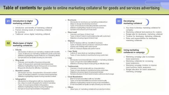 Table Of Contents For Guide To Online Marketing Collateral For Goods And Services Advertising Sample PDF Table Of Contents For Guide To Online Marketing Collateral For Goods And Services Advertising Sample PDF