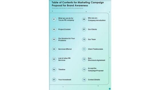 Table_Of_Contents_For_Marketing_Campaign_Proposal_For_Brand_Awareness_One_Pager_Sample_Example_Document_Slide_1.jpg