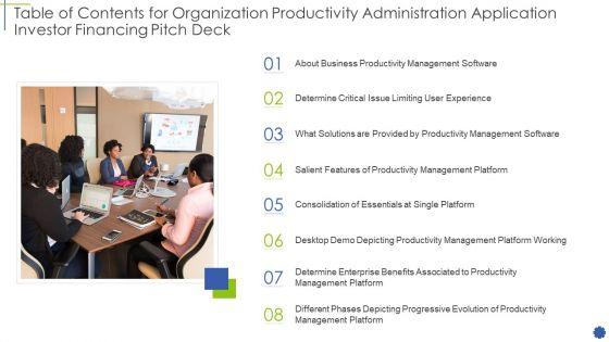 Table_Of_Contents_For_Organization_Productivity_Administration_Application_Investor_Financing_Pitch_Deck_Ppt_Outline_Examples_PDF_Slide_1.jpg