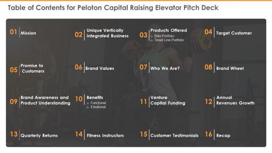 Table_Of_Contents_For_Peloton_Capital_Raising_Elevator_Pitch_Deck_Elements_PDF_Slide_1.jpg