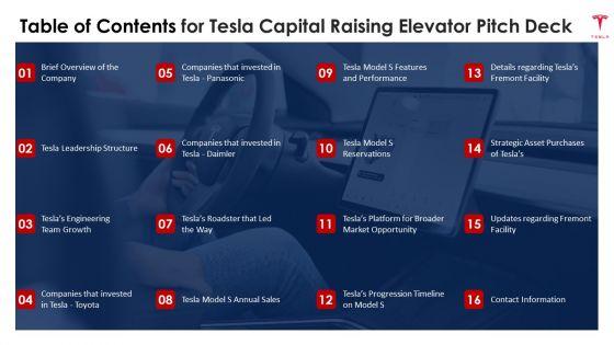 Table_Of_Contents_For_Tesla_Capital_Raising_Elevator_Pitch_Deck_Ppt_PowerPoint_Presentation_Gallery_Demonstration_PDF_Slide_1.jpg