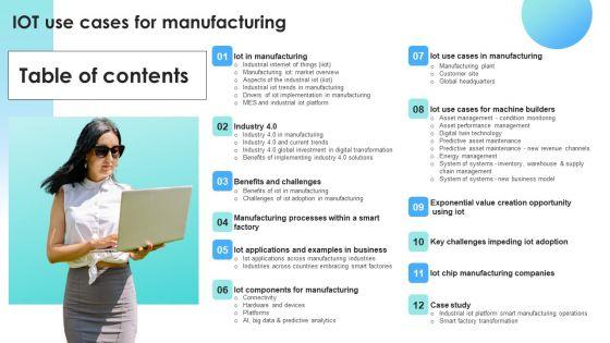 Table_Of_Contents_IOT_Use_Cases_For_Manufacturing_Professional_PDF_Slide_1.jpg