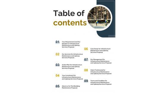 Table_Of_Contents_Infrastructure_Maintenance_Upkeep_Services_Proposal_One_Pager_Sample_Example_Document_Slide_1.jpg