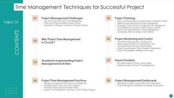 Table_Of_Contents_Time_Management_Techniques_For_Successful_Project_Infographics_PDF_Slide_1.jpg