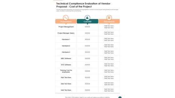 Technical_Compliance_Evaluation_Of_Vendor_Proposal_Cost_Of_The_Project_One_Pager_Sample_Example_Document_Slide_1.jpg