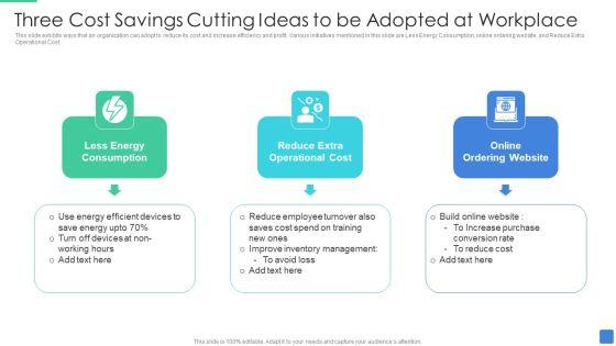 Three Cost Savings Cutting Ideas To Be Adopted At Workplace Brochure PDF Three Cost Savings Cutting Ideas To Be Adopted At Workplace Brochure PDF