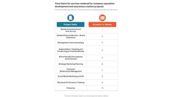 Time_Frame_For_Services_For_Company_Reputation_Development_And_Awareness_Creation_One_Pager_Sample_Example_Document_Slide_1.jpg