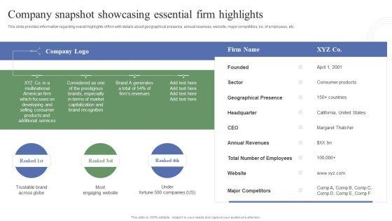 Toolkit_To_Administer_Tactical_Company_Snapshot_Showcasing_Essential_Firm_Highlights_Template_PDF_Slide_1.jpg