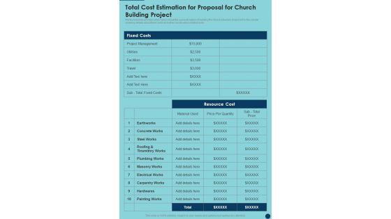 Total_Cost_Estimation_For_Proposal_For_Church_Building_Project_One_Pager_Sample_Example_Document_Slide_1.jpg