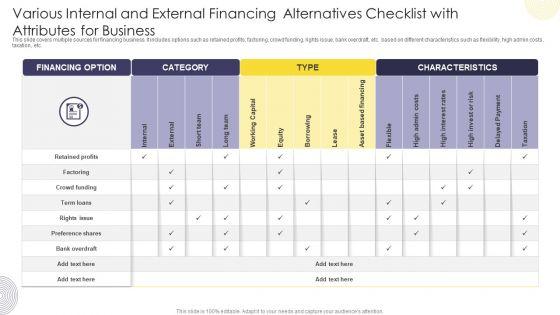 Various_Internal_And_External_Financing_Alternatives_Checklist_With_Attributes_For_Business_Background_PDF_Slide_1.jpg