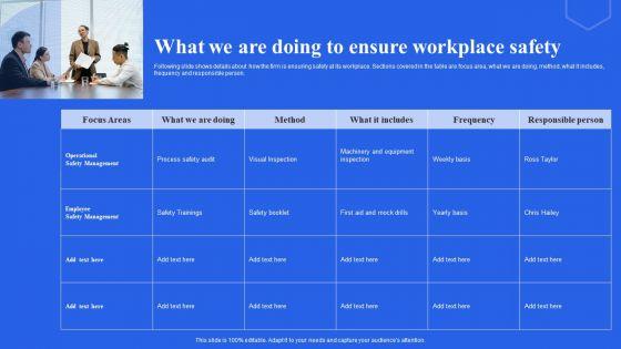 What We Are Doing To Ensure Workplace Safety Ppt Pictures Infographics PDF What We Are Doing To Ensure Workplace Safety Ppt Pictures Infographics PDF