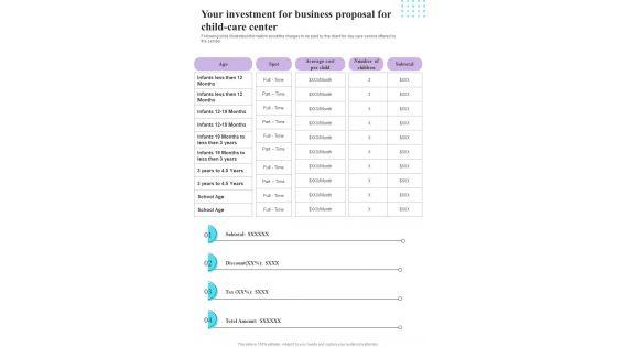 Your_Investment_For_Business_Proposal_For_Child_Care_Center_One_Pager_Sample_Example_Document_Slide_1.jpg