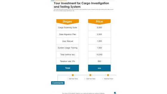 Your_Investment_For_Cargo_Investigation_And_Testing_System_One_Pager_Sample_Example_Document_Slide_1.jpg