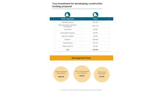 Your_Investment_For_Developing_Construction_Funding_Proposal_One_Pager_Sample_Example_Document_Slide_1.jpg