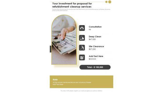 Your_Investment_For_Proposal_For_Refurbishment_Cleanup_Services_One_Pager_Sample_Example_Document_Slide_1.jpg