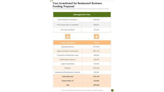 Your_Investment_For_Restaurant_Business_Funding_Proposal_One_Pager_Sample_Example_Document_Slide_1.jpg