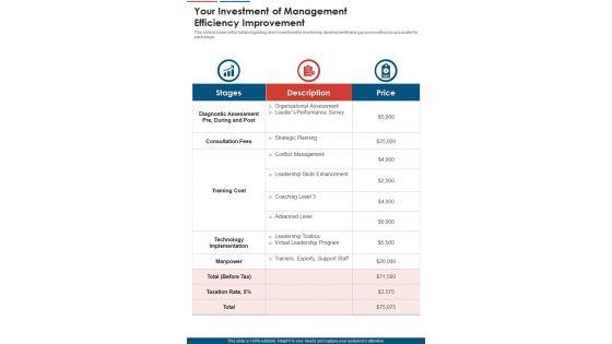 Your_Investment_Of_Management_Efficiency_Improvement_One_Pager_Sample_Example_Document_Slide_1.jpg