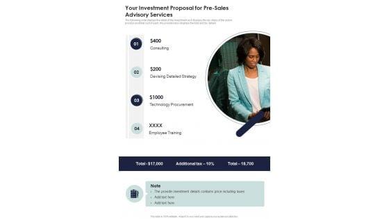Your_Investment_Proposal_For_Pre_Sales_Advisory_Services_One_Pager_Sample_Example_Document_Slide_1.jpg