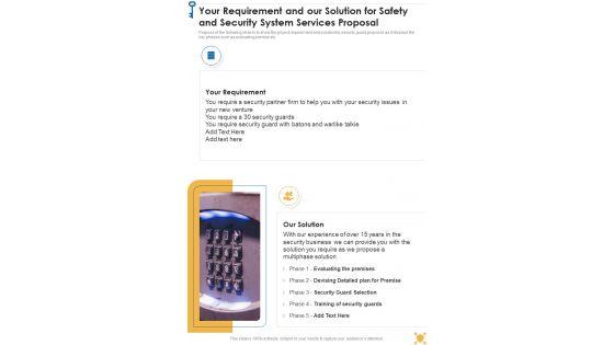 Your_Requirement_And_Our_Solution_For_Safety_And_Security_System_Services_Proposal_One_Pager_Sample_Example_Document_Slide_1.jpg