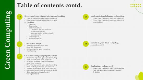Table Of Contents Green Computing Ppt Powerpoint Formates
