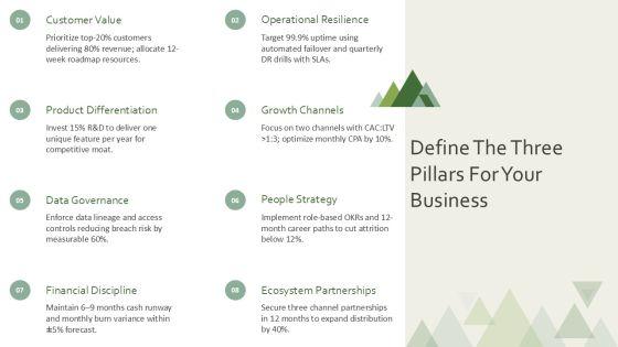 Three Pillars Model Ideas For Conceptual Frameworks PPT Guidelines VM
