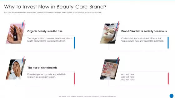 Beauty Care Firm Why To Invest Now In Beauty Care Brand Ppt Infographics PDF
