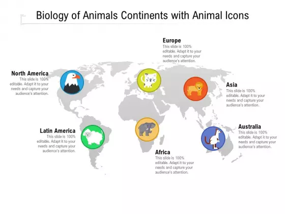 Biology Of Animals Continents With Animal Icons Ppt PowerPoint Presentation File Pictures PDF