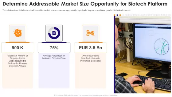 Biotechnology Startup Funding Elevator Pitch Deck Determine Addressable Market Size Opportunity For Biotech Platform Icons PDF