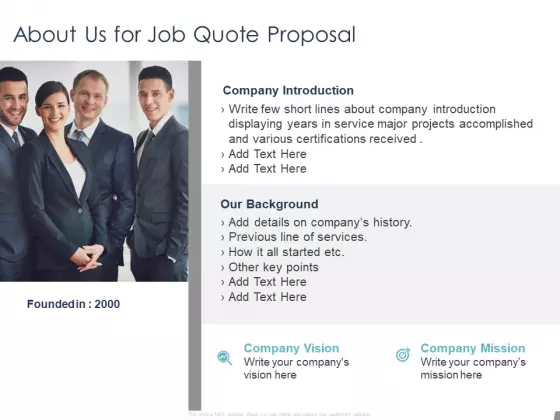 Job Estimate About Us For Job Quote Proposal Ppt Model Icon PDF