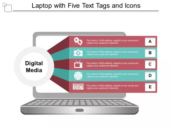 Laptop With Five Text Tags And Icons Ppt PowerPoint Presentation Infographics Graphics Template