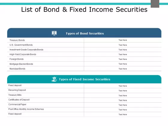 List Of Bond And Fixed Income Securities Ppt PowerPoint Presentation Show Slide Portrait